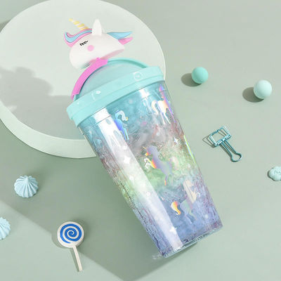 430ml de doble pared de plástico bebida fría copa de helado con paja adorable diseño unicornio