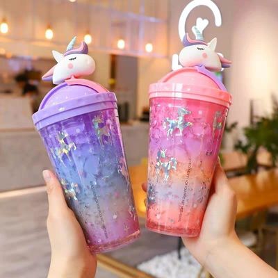 430ml de doble pared de plástico bebida fría copa de helado con paja adorable diseño unicornio