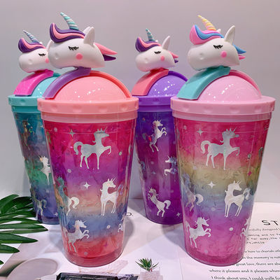 430ml de doble pared de plástico bebida fría copa de helado con paja adorable diseño unicornio
