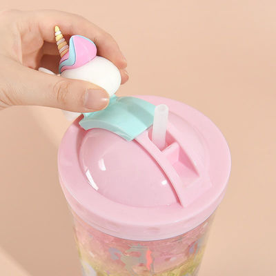 430ml de doble pared de plástico bebida fría copa de helado con paja adorable diseño unicornio