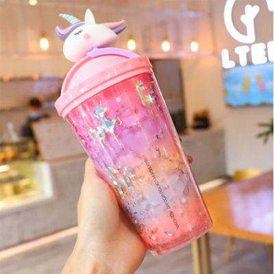 Diseño Bottle de agua de unicornio lindo de pared doble paja tipo 10cm * 25cm para estudiantes de moda