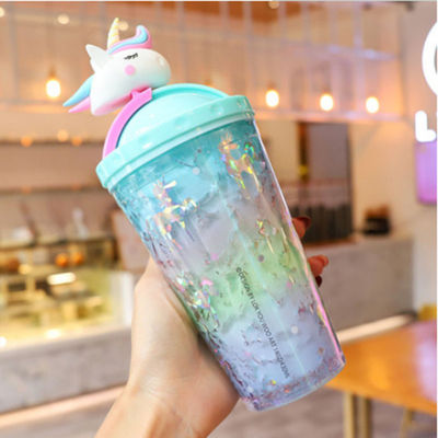 Diseño Bottle de agua de unicornio lindo de pared doble paja tipo 10cm * 25cm para estudiantes de moda