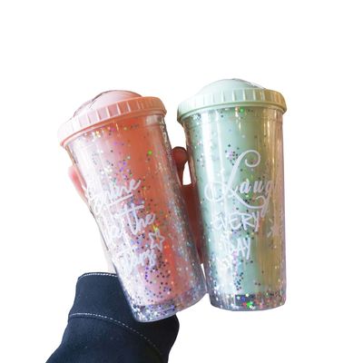 Copo de agua de red de doble capa con paja para el desayuno de la oficina de la casa Copo de jugo de leche