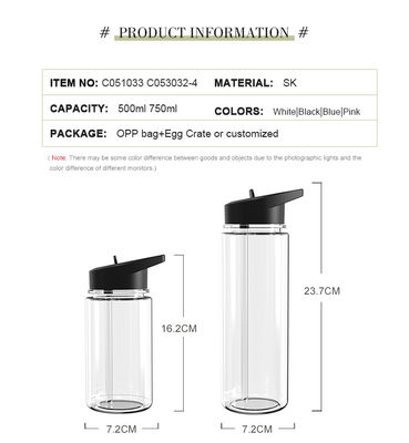 Botella de agua potable de plástico transparente de 750 ml para agua hirviendo