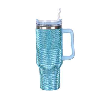 40 oz de botella de agua de acero inoxidable con incrustación de diamantes, vaso de vacío con paja y mango