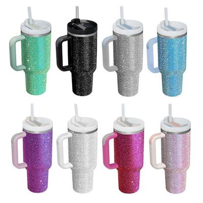 40 oz de botella de agua de acero inoxidable con incrustación de diamantes, vaso de vacío con paja y mango