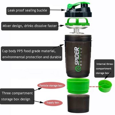 Logotipo personalizado 2 capas de gimnasio Protein Shaker botella con organizador de píldoras y almacenamiento 16oz