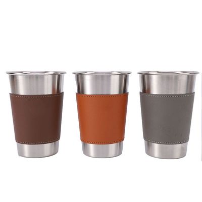 170ML 330ML 500ML Taza de cerveza de acero inoxidable Taza portátil de agua de campamento con estuche de cuero