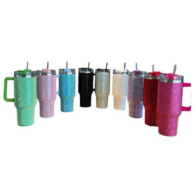 40oz de Rhinestone con tapa de tumbler con mango y paja Construcción de doble pared
