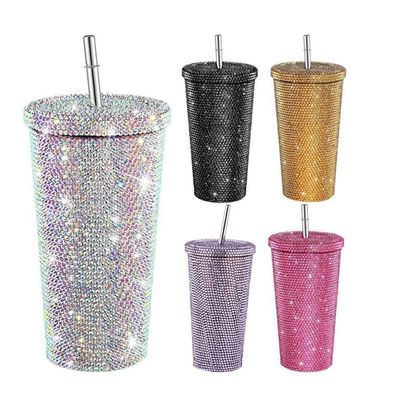 500ml de doble pared aislada de diamantes con accesorios con paja