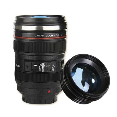 Taza de café de acero inoxidable en forma de lente de cámara para un peso ligero y sostenible