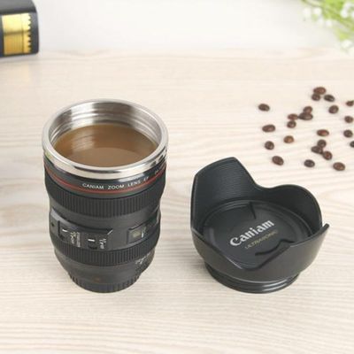 253.4g doble pared de acero inoxidable lente de cámara taza de café para los entusiastas de la fotografía