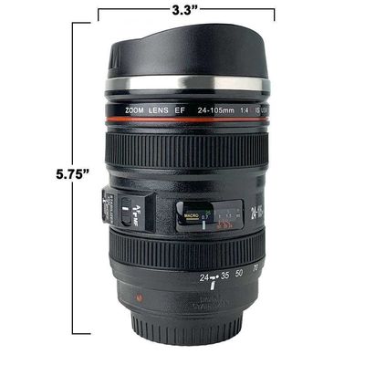 Fotógrafos de viajes Tumbler cámara lente taza de café con diseño aislado y agitación