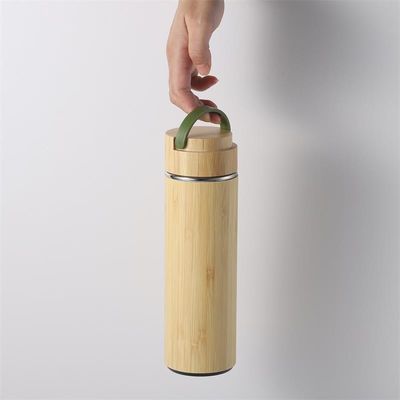 Taza recta de acero inoxidable aislado de tres paredes de bambú frasco de termo con infusor de té